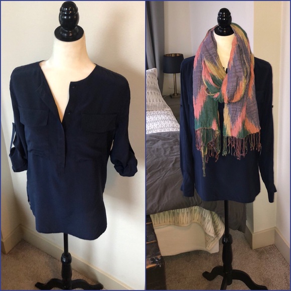 NWOT BCBG Luelle Navy Silk Tunic w/Pockets - Picture 1 of 8